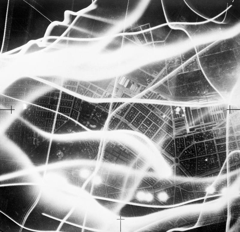 Vertical night aerial photograph taken during a raid on Berlin, September 2, 1941.